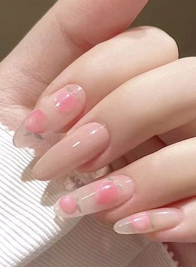 Glossy Nude Press on Nails Long Oval False Medium Length Nails Pink Peach Pattern Fake Nails Acrylic Full Cover Artificial Nail Tips for Women&Girls Manicure 24PCS - Image 2