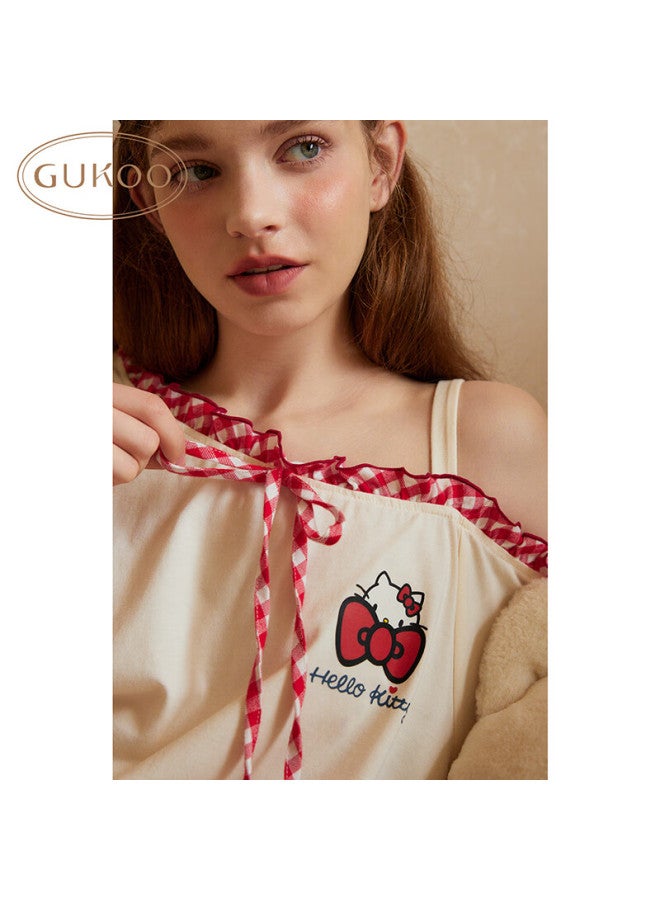 Gukoo Women's Pajamas Spring And Autumn Style, okitty Collaboration New Pure Cotton Sweet Home Wear Set, Pearl White, M - Image 2