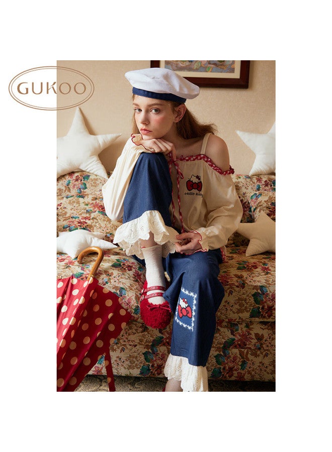 Gukoo Women's Pajamas Spring And Autumn Style, okitty Collaboration New Pure Cotton Sweet Home Wear Set, Pearl White, M - Image 3