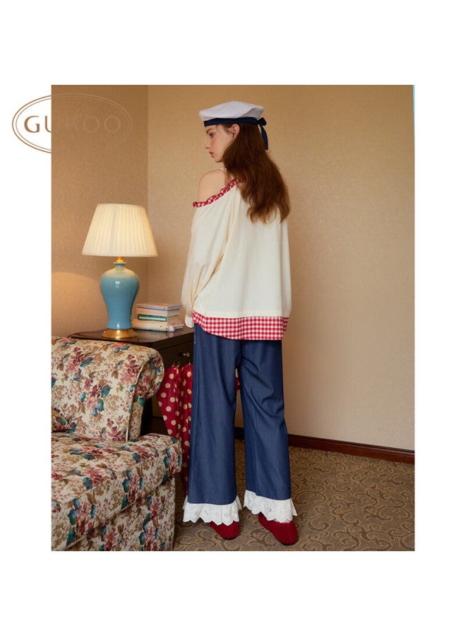 Gukoo Women's Pajamas Spring And Autumn Style, okitty Collaboration New Pure Cotton Sweet Home Wear Set, Pearl White, M - Image 4