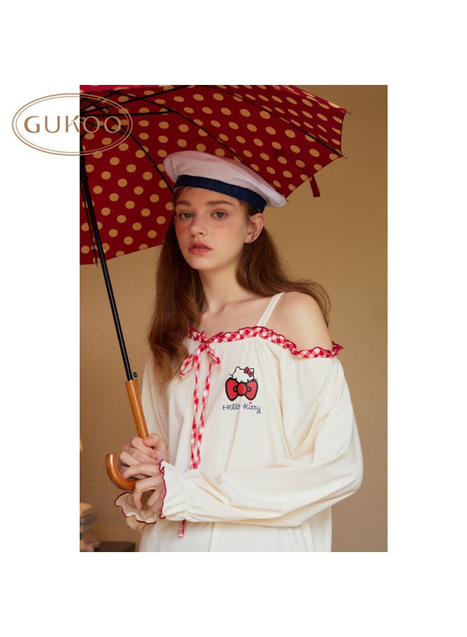 Gukoo Women's Pajamas Spring And Autumn Style, okitty Collaboration New Pure Cotton Sweet Home Wear Set, Pearl White, M - Image 1