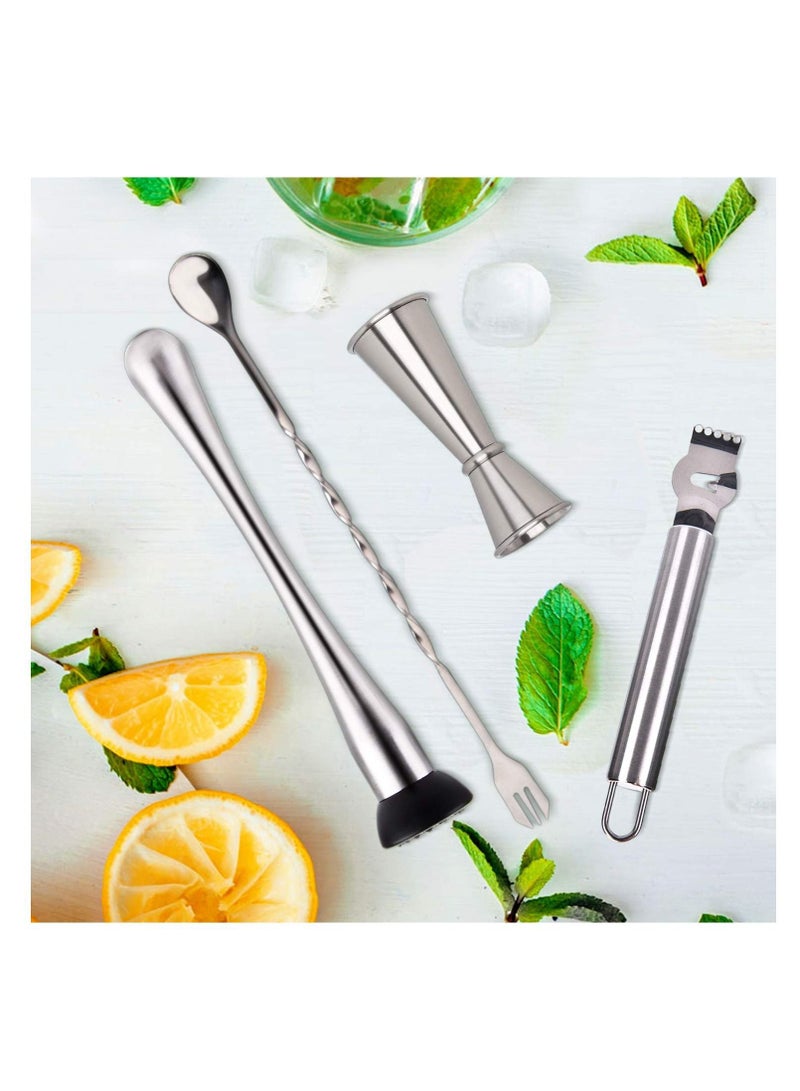 NIBEMINENT Cocktail Bar Tools, 4 Pack Stainless Mixing Spoon Double Jigger Ice Muddler Lemon Fruit Grater Strainer - Image 1
