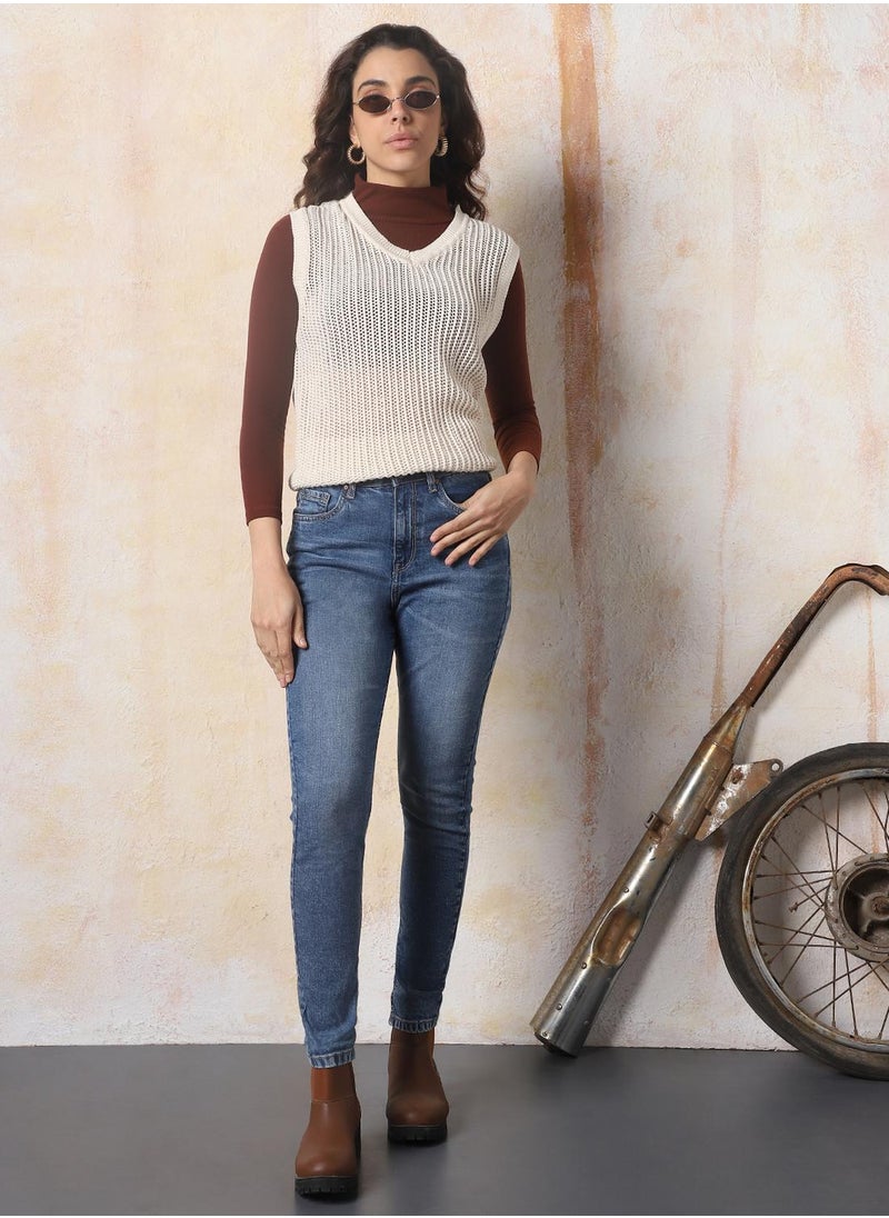 HIGH STAR Women's Blue Cotton Blend Washed Regular Length Skinny Jeans  - Image 1