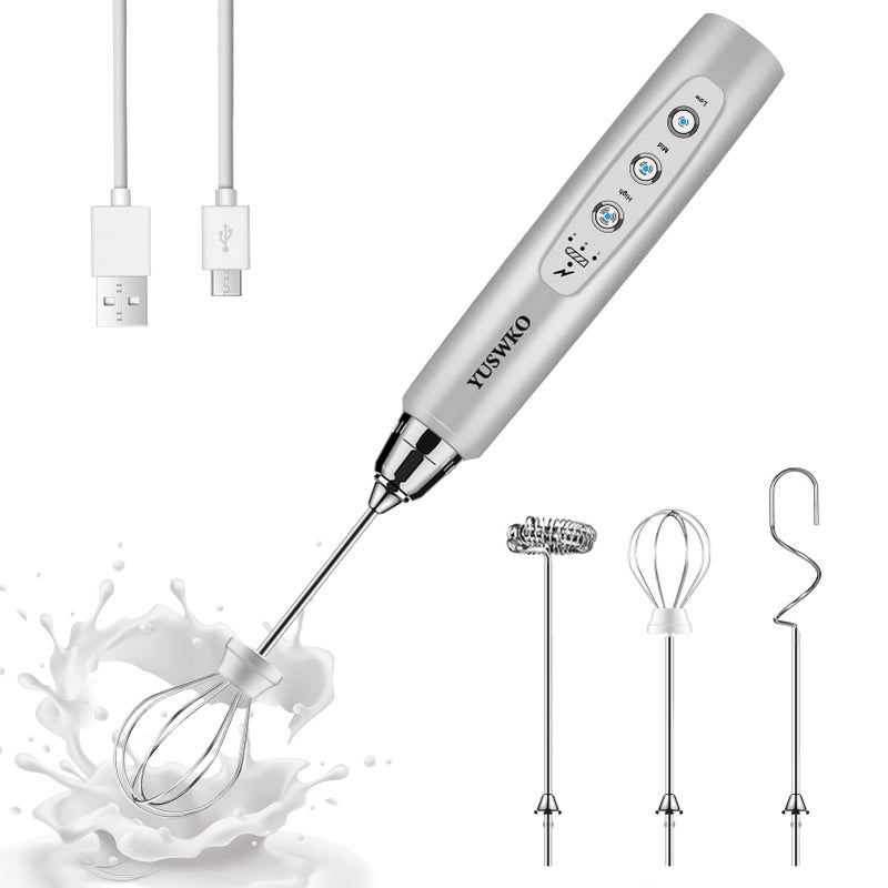 YUSWKO Rechargeable Milk Frother Handheld with 3 Heads Silver Coffee Electric Whisk Drink Foam Mixer Mini Hand Stirrer with 3 Speeds Adjustable for Latte Cappuccino Hot Chocolate Egg