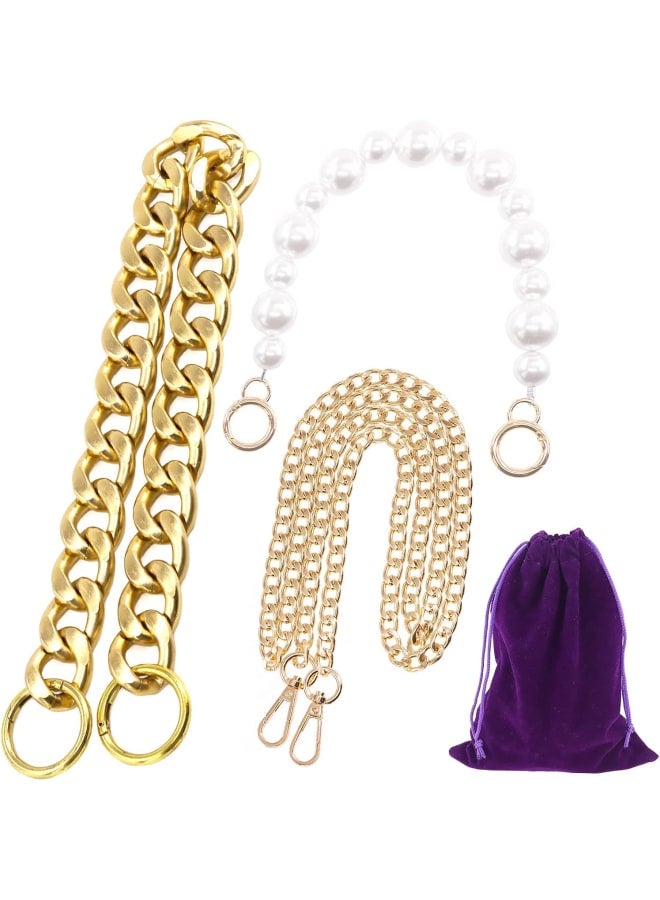 3Pcs Purse Replacement Chains Set with Clasp, Imitation Pearl Bead Short Purse Chain, Heavy Chunky Metal Chain, Long Handbag Shoulder Straps Chain for Crossbody Shoulder Bag Handbag  - Image 1
