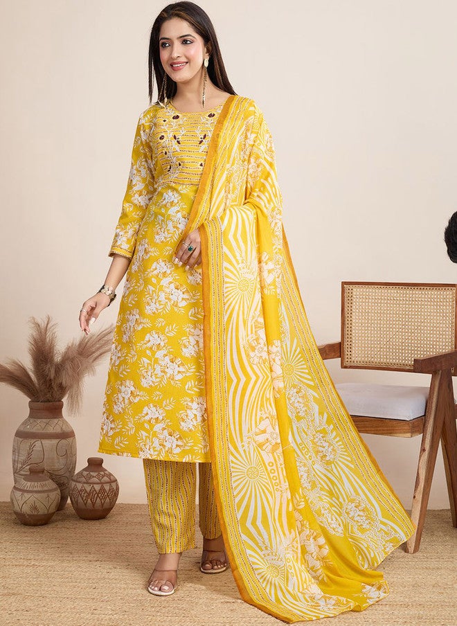 Women Basket Floral Printed Yellow Kurta Set with Trousers and Dupatta for Women - Image 1