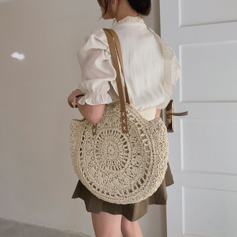 Retro Forest Style Round Crochet Straw Bag Women'S Summer Bag Easiest For Match Beach Travel Leisure Bag - Image 4