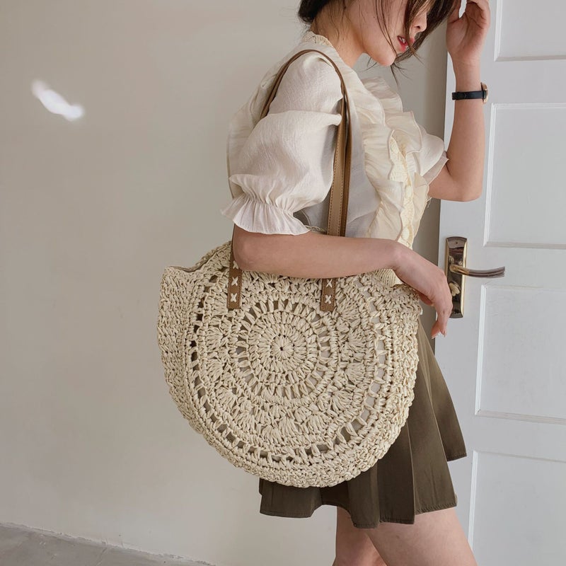 Retro Forest Style Round Crochet Straw Bag Women'S Summer Bag Easiest For Match Beach Travel Leisure Bag - Image 2