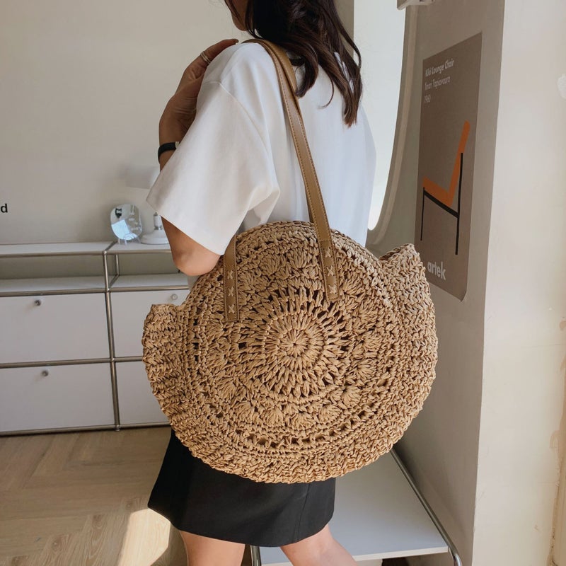 Retro Forest Style Round Crochet Straw Bag Women'S Summer Bag Easiest For Match Beach Travel Leisure Bag - Image 5