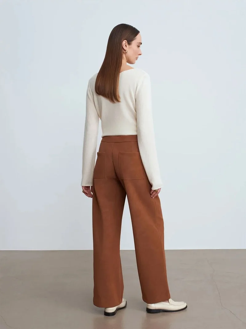 Dilvin DILVIN High-Waist Wide-Leg Faux Suede Trousers