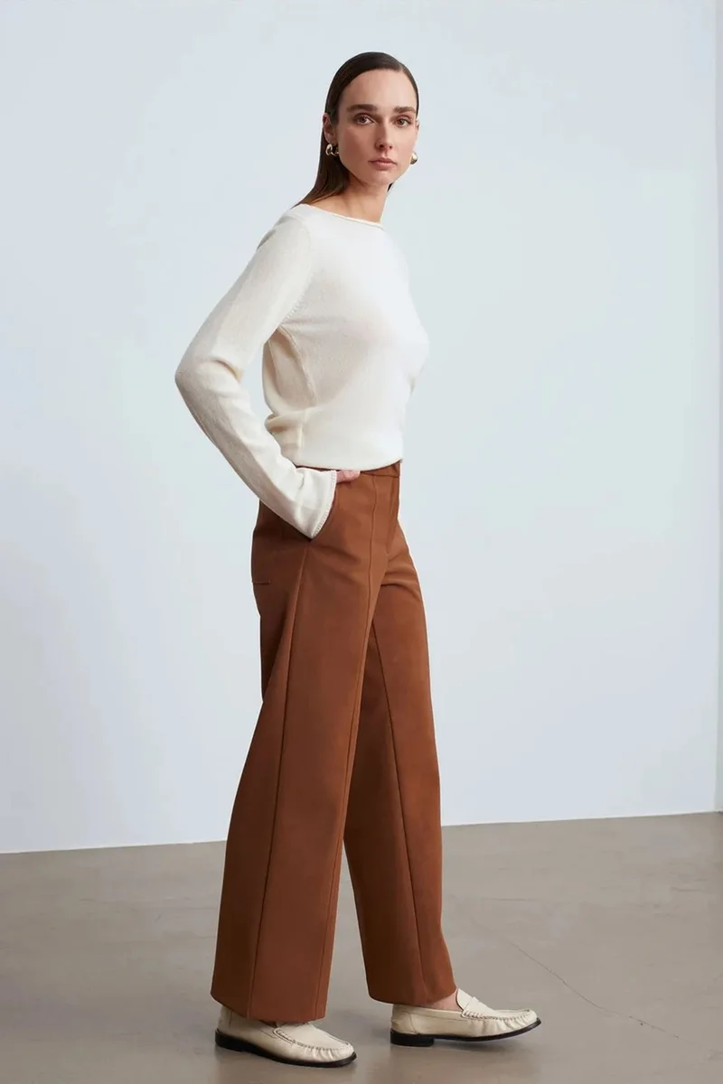 Dilvin Camel Brown DILVIN High-Waist Wide-Leg Faux Suede Trousers for Women | Best Price UAE