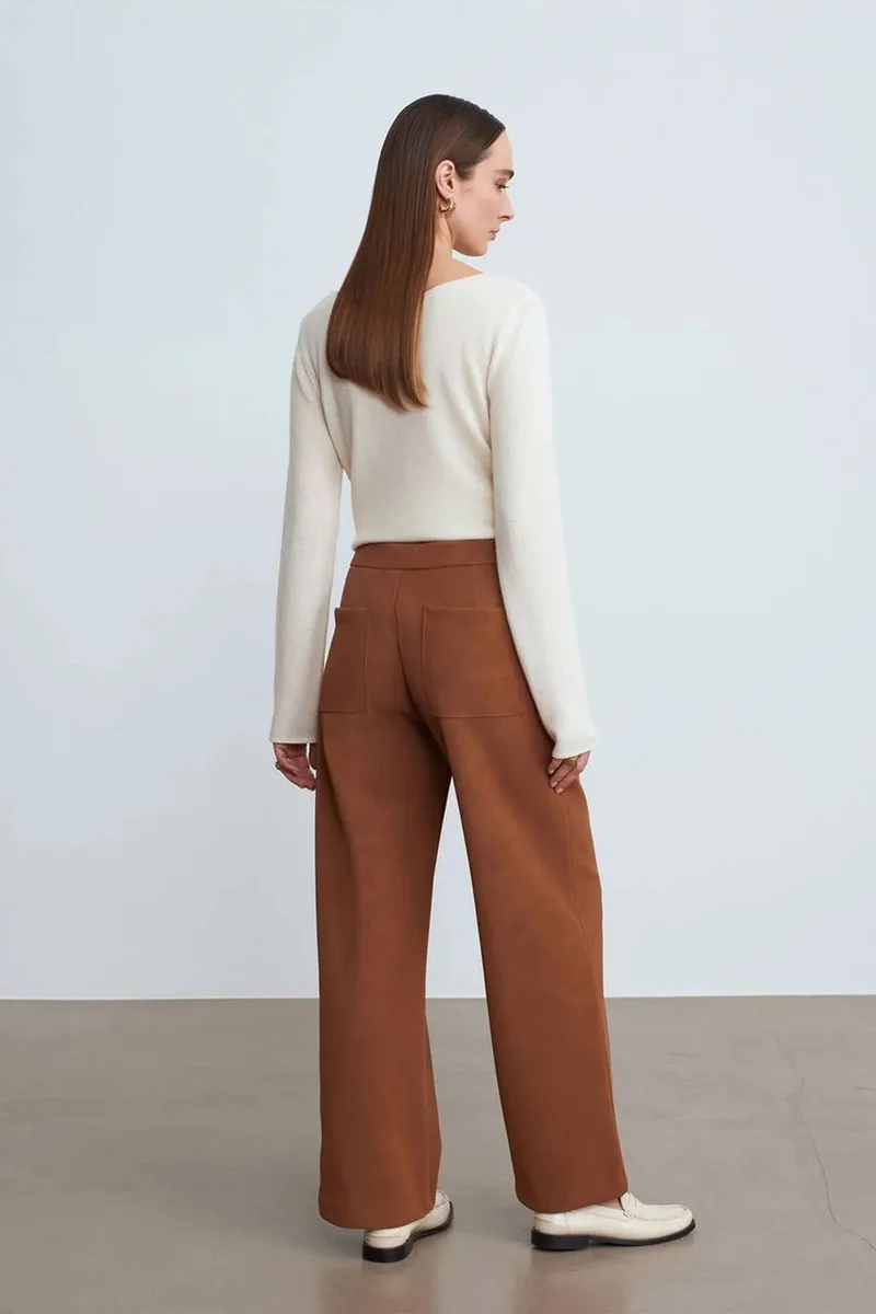Dilvin Camel Brown DILVIN High-Waist Wide-Leg Faux Suede Trousers for Women | Best Price UAE