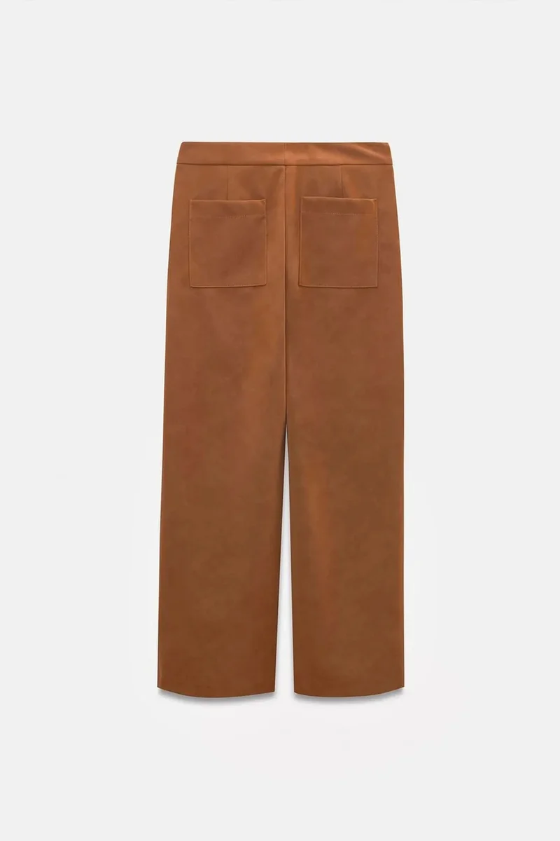 Dilvin Camel Brown DILVIN High-Waist Wide-Leg Faux Suede Trousers for Women | Best Price UAE