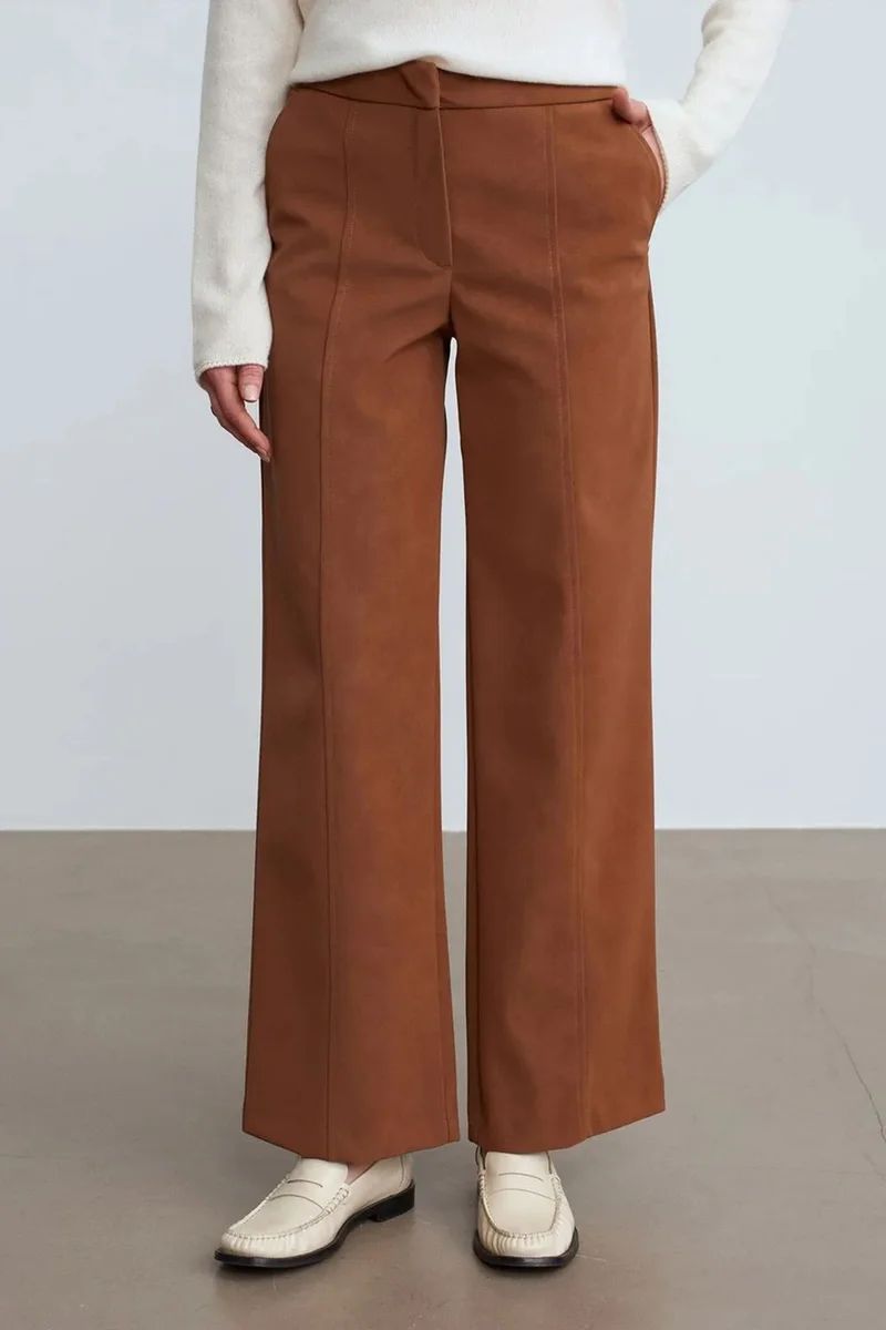 Dilvin Camel Brown DILVIN High-Waist Wide-Leg Faux Suede Trousers for Women | Best Price UAE