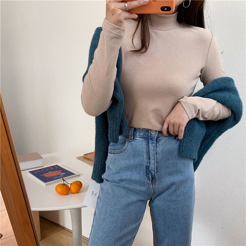 Half-high collar bottoming shirt with velvet inside womens short-sleeved slim foreign-style spring, autumn and winter long-sleeved T-shirt Khaki - Image 1