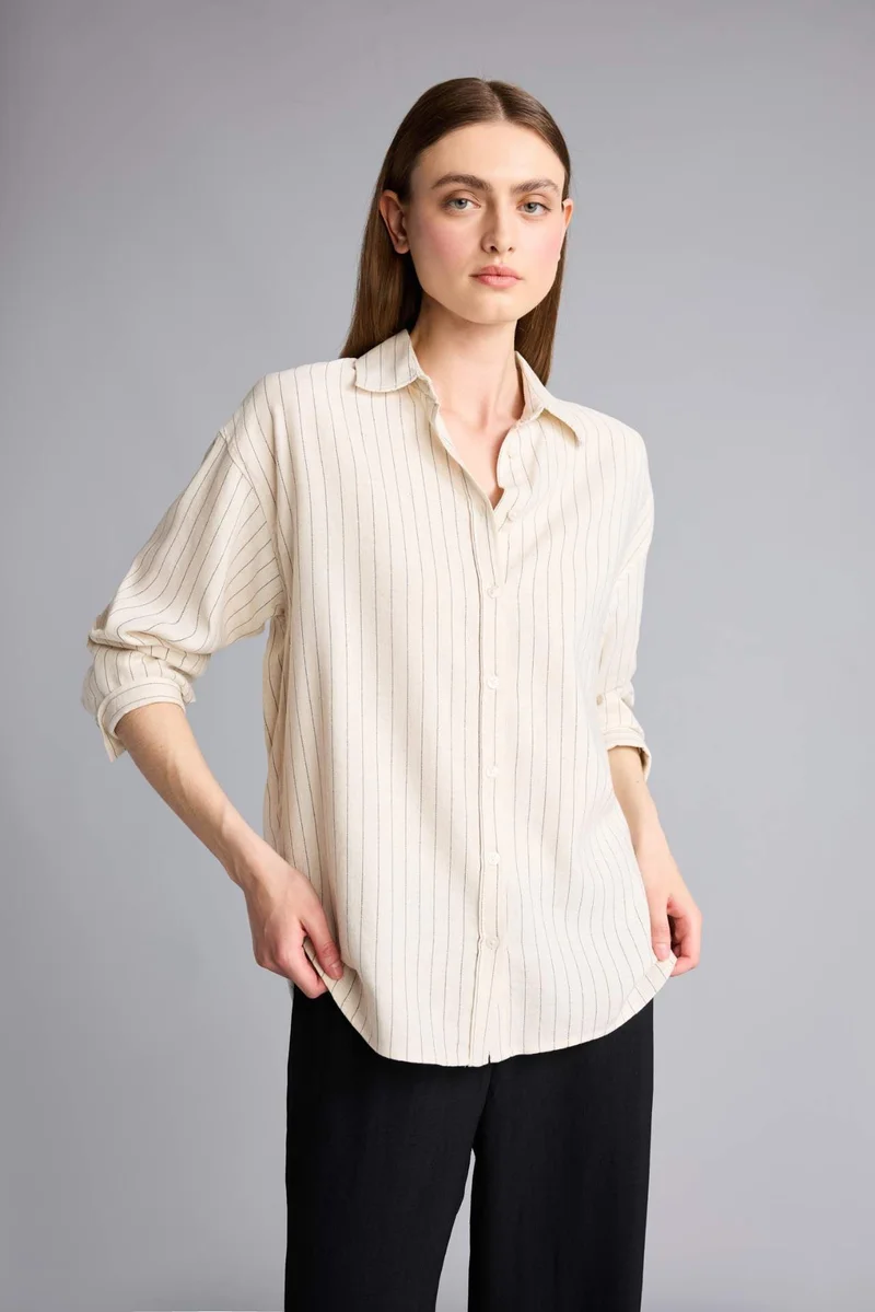 ديفاكتو Loose Fit Shirt Collar Linen Blended Striped Long Sleeve Shirt