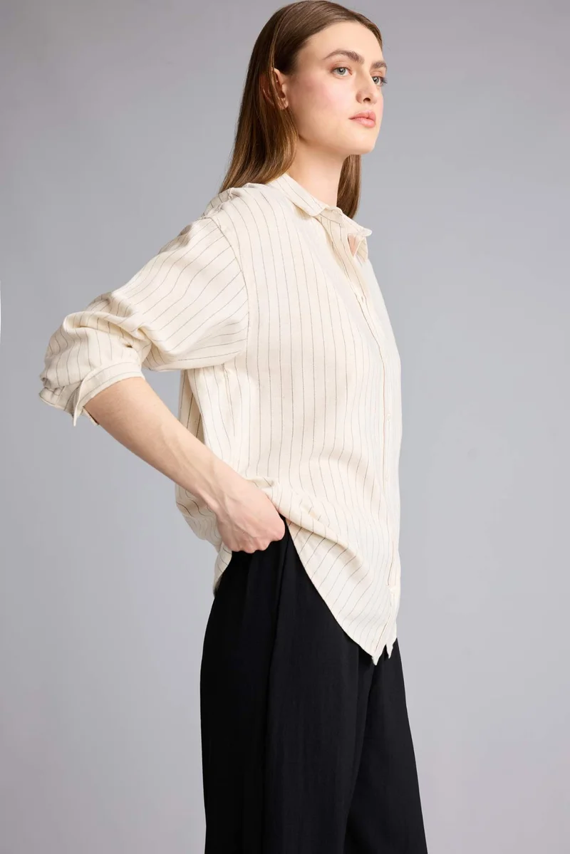ديفاكتو Loose Fit Shirt Collar Linen Blended Striped Long Sleeve Shirt