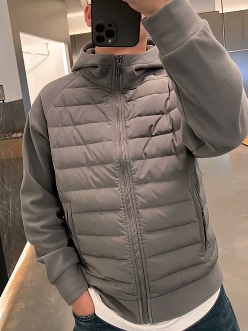 Winter New Fashionable Lightweight Cotton-padded Clothes Mens Loose All-match Casual Hooded Solid Color Stitching Couples Jacket for Men Gray  - Image 1