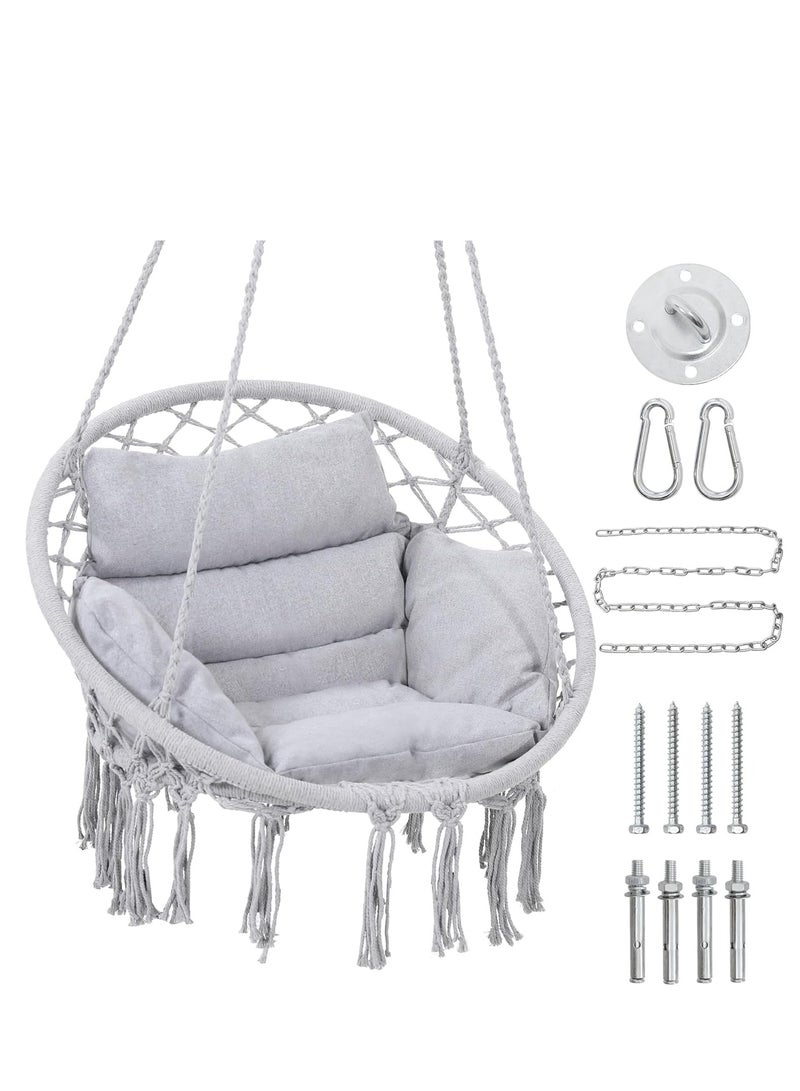 فنز  كرسي أرجوحة معلق مصنوع من المكرمية مع وسادة سميكة كبيرة ومجموعات أدوات كرسي أرجوحة للاستخدام الداخلي والخارجي - Image 1