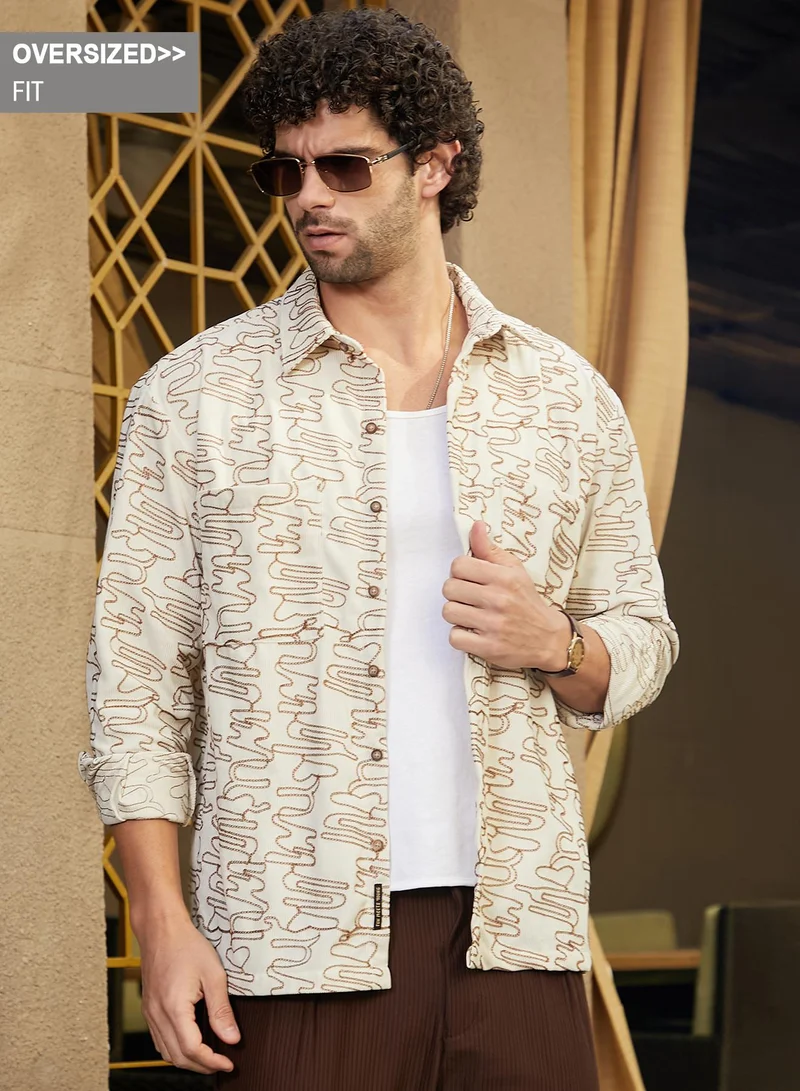 Campus Sutra Campus Sutra Men's Cream White Groovy-Stitch Corduroy Oversized Shirt For Casual Wear | Spread Collar | Long Cuff Sleeves | Button Closure | Oversized Shirt Crafted With Comfort Fit For Everyday Wear