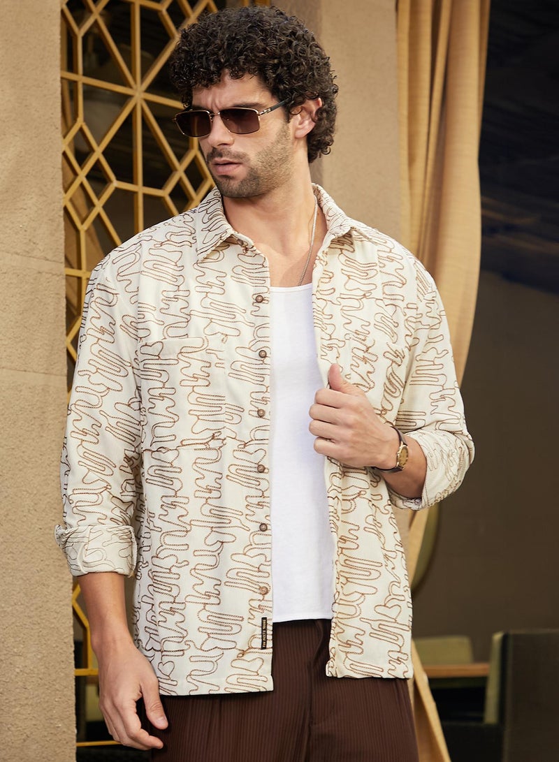 Campus Sutra Men's Cream White Groovy-Stitch Corduroy Oversized Shirt  - Image 1