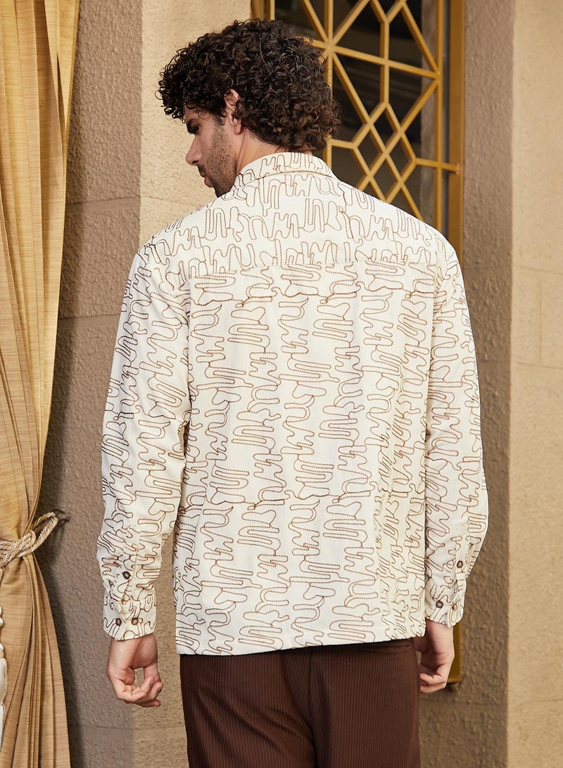 Campus Sutra Men's Cream White Groovy-Stitch Corduroy Oversized Shirt  - Image 5