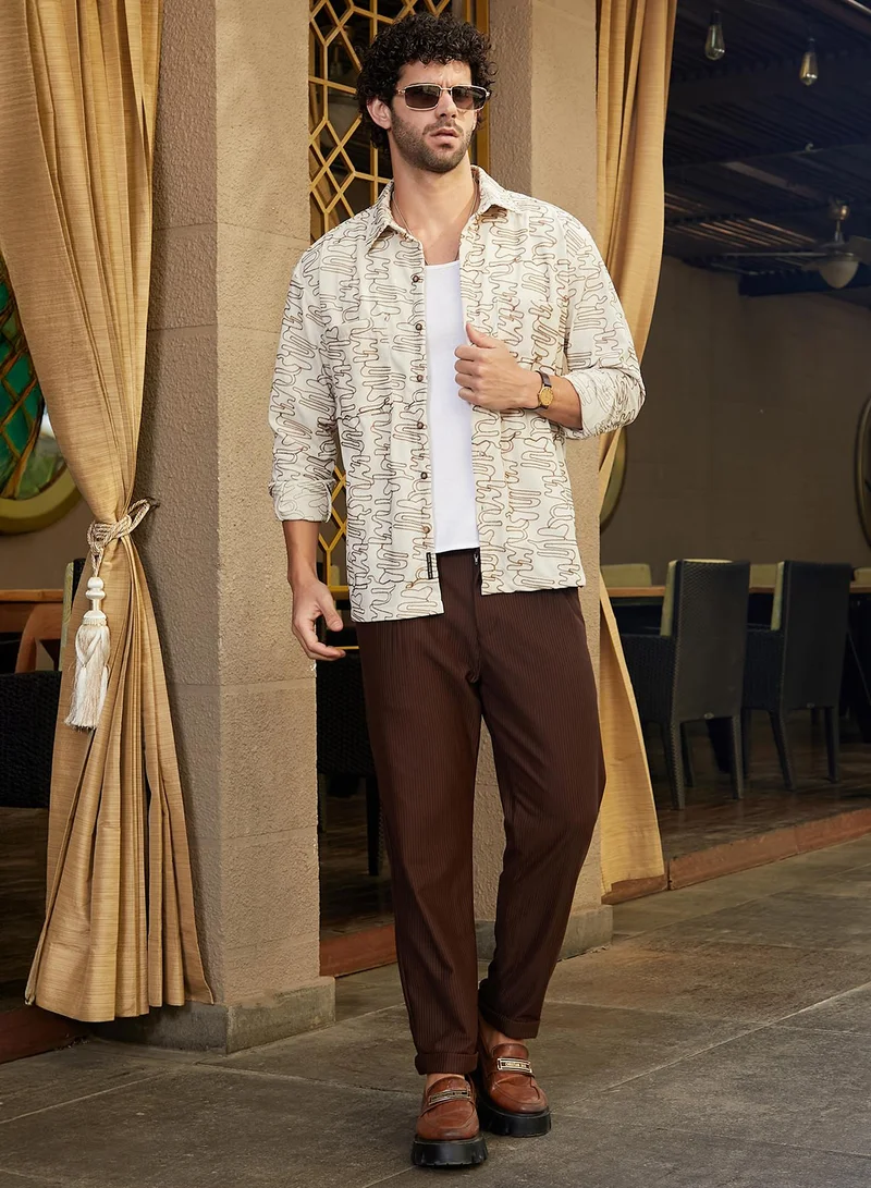 كامبوس سوترا Men's Cream White Groovy-Stitch Corduroy Oversized Shirt