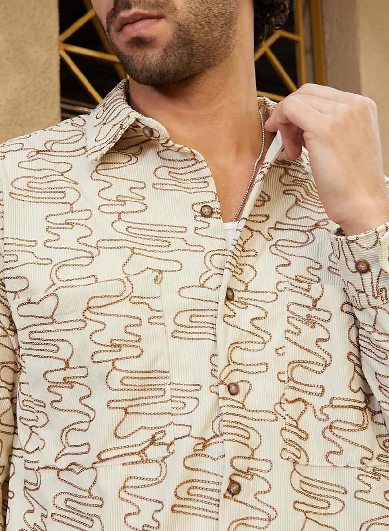كامبوس سوترا Men's Cream White Groovy-Stitch Corduroy Oversized Shirt