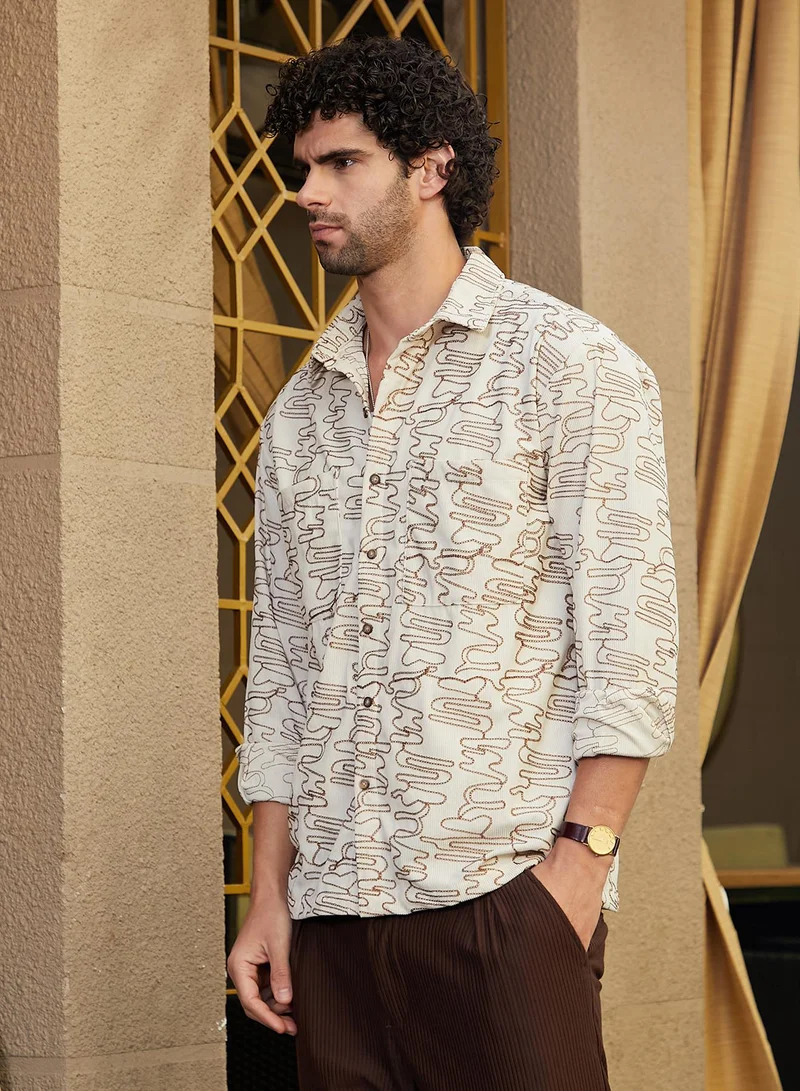 كامبوس سوترا Men's Cream White Groovy-Stitch Corduroy Oversized Shirt