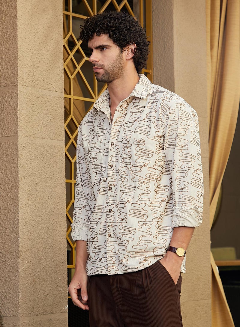 Campus Sutra Men's Cream White Groovy-Stitch Corduroy Oversized Shirt  - Image 3