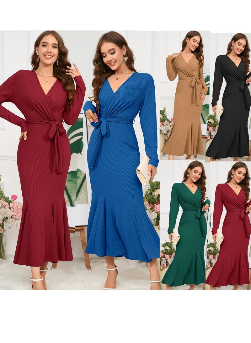 KUYING New V-Neck Long Sleeved Slim Fit Style Fishtail Skirt Knitted Long Dress Dress  - Image 2