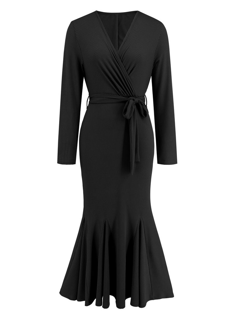 KUYING New V-Neck Long Sleeved Slim Fit Style Fishtail Skirt Knitted Long Dress Dress  - Image 1