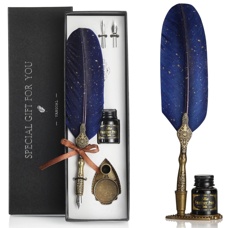VANGOAL Vintage Carving Feather Pen Set Glittering Quill Set Antique Calligraphy Writing Dip with Ink 2 Replacement Nibs Stand Base Luxury Signature Blue
