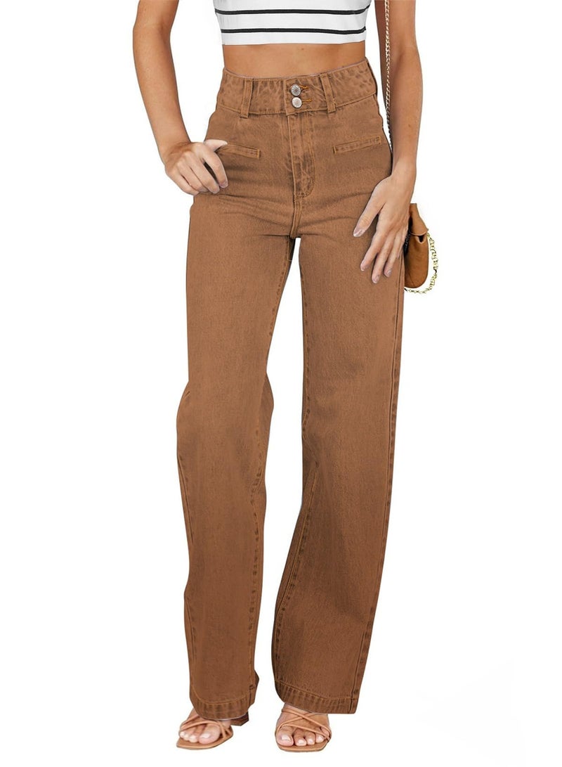 Sidefeel Womens Jeans High Waisted Stretchy Wide Leg Jeans Trendy Straight Leg Loose Denim Pants Brown Size 14 - Image 1