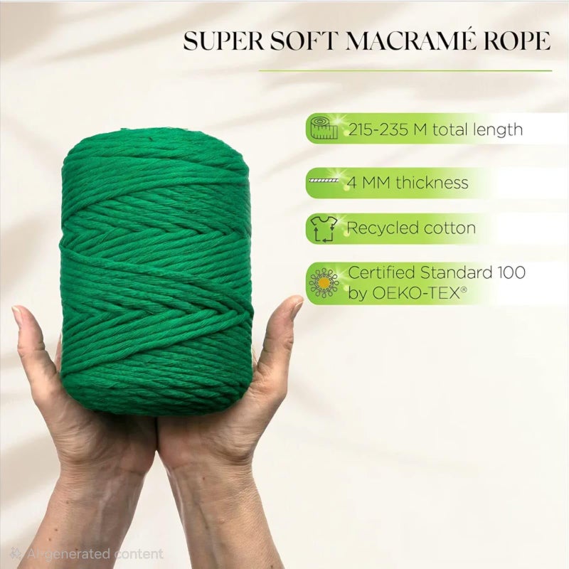 Macrame Mahlol Yarn 3mm x 250g Cotton Cord Recycled Soft Cotton Yarn for Knitting Plant Hangers Jewelry Making Crochet Bags (Green, 3mm) - Image 1