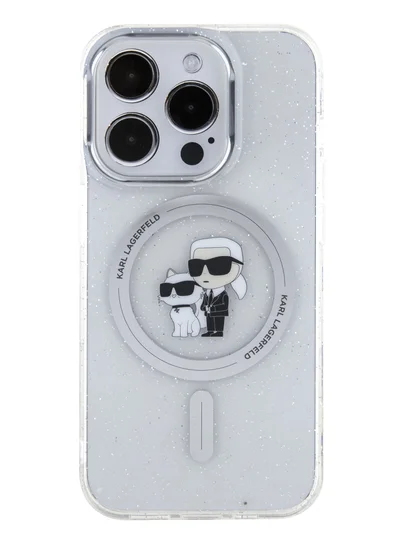 Karl Lagerfeld iPhone 16 Pro Max Case MagSafe IML Glitter Hard Cover with Karl & Choupette Logo /Drop protection/Slim Profile /Light Weight/Comfortable Grip - Transparent