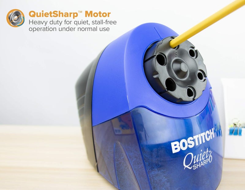 Bostitch مبراة أقلام كهربائية هادئة للمكتب، للاستخدام في الفصول الدراسية أو المكاتب، مع محدد حجم بـ 6 أحجام مختلفة، زرقاء - Image 2