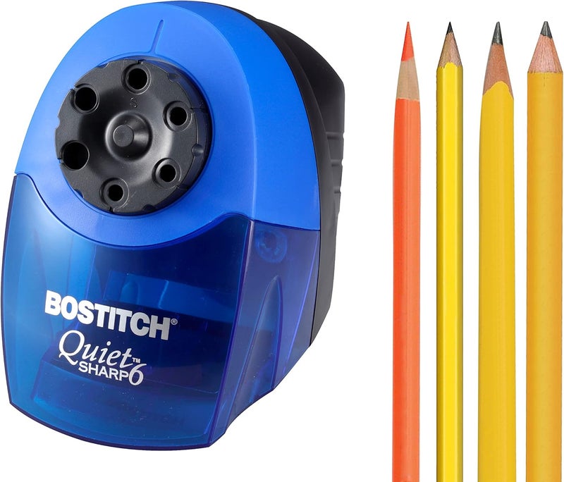 Bostitch مبراة أقلام كهربائية هادئة للمكتب، للاستخدام في الفصول الدراسية أو المكاتب، مع محدد حجم بـ 6 أحجام مختلفة، زرقاء - Image 1