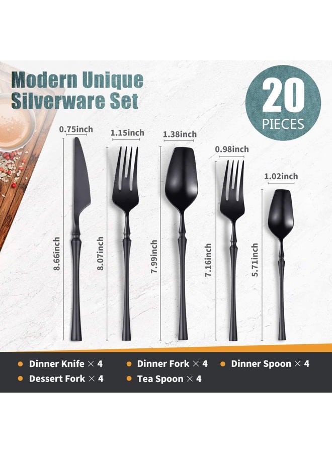 Lemeya 20-Piece Matte Black Silverware Set for 4,Modern 18/10 Stainless Steel Flatware Set,Unique Rustic Cutlery Utensils Set,Spoon and Fork Set for Home, Restaurant,Mirror Polished,Dishwasher Safe - Image 2