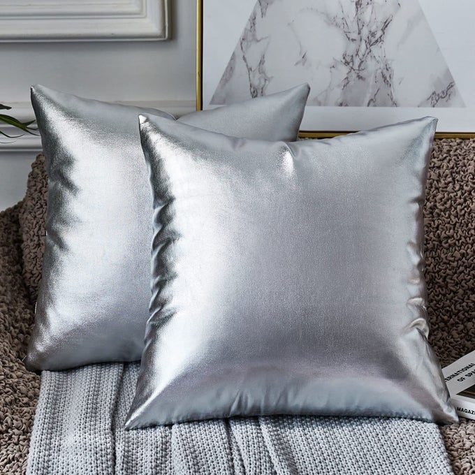 SILVER PILLOW COVERSDECORATIVE THROW PILLOWS18X18 INCHPACK OF 2DECORATIVE THROW PILLOW COVERS MODERN METALLIC SHINY CUSHION COVER FOR SOFA BEDROOM CAR