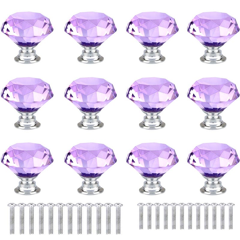 ANJUU 12 Pcs 30mm Diamond Shape Crystal Glass Cabinet Knobs with Screws Drawer Knob Pull Handle Used for Kitchen Dresser Door Cupboard Purple
