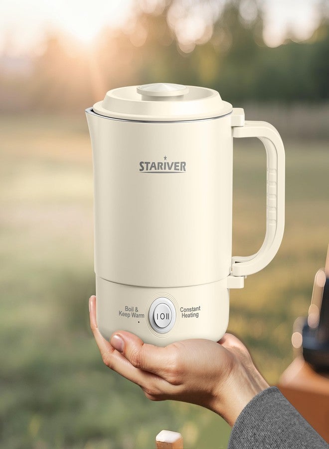 Stariver Portable Travel Kettle, 600ML Small Electric Kettle with Foldable Handle, Food Grade Stainless Steel Collapsible Water Boiler with Dual Modes, Compact Portable Kettle for RV, Camping, Beige - Image 1