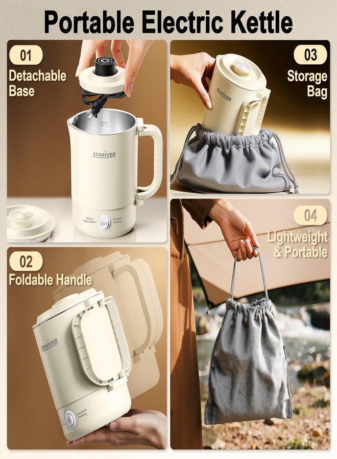 Stariver Portable Travel Kettle, 600ML Small Electric Kettle with Foldable Handle, Food Grade Stainless Steel Collapsible Water Boiler with Dual Modes, Compact Portable Kettle for RV, Camping, Beige - Image 3