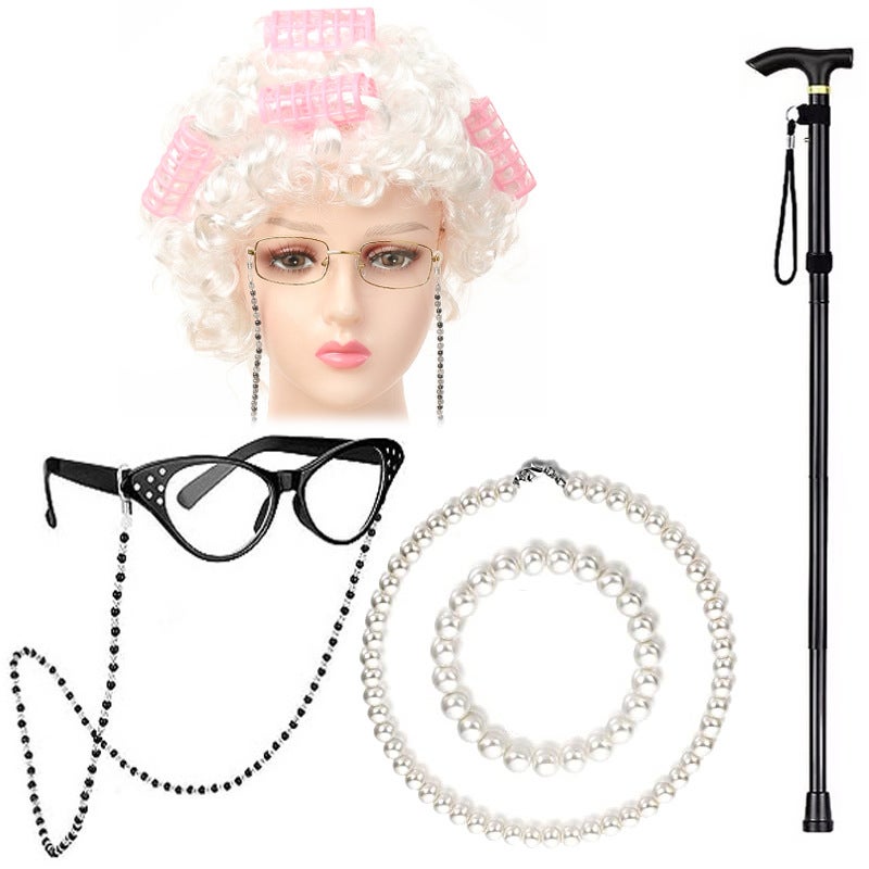 Generic Halloween Granny Wig Cosplay Kids Elderly Costume SetSix-piece set of white roll hair powder Six-piece set of white roll hair powder
