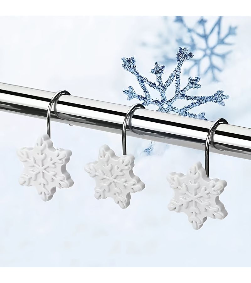 12 White Snowflake Christmas Curtain Hooks Decorative Bathroom Home Set - Image 1