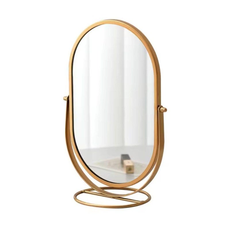 Generic Oval Vanity Mirror with Gold Metal Frame, Standing Makeup Mirror for Dressing Table, 20.5 x 30.5 cm, .kl