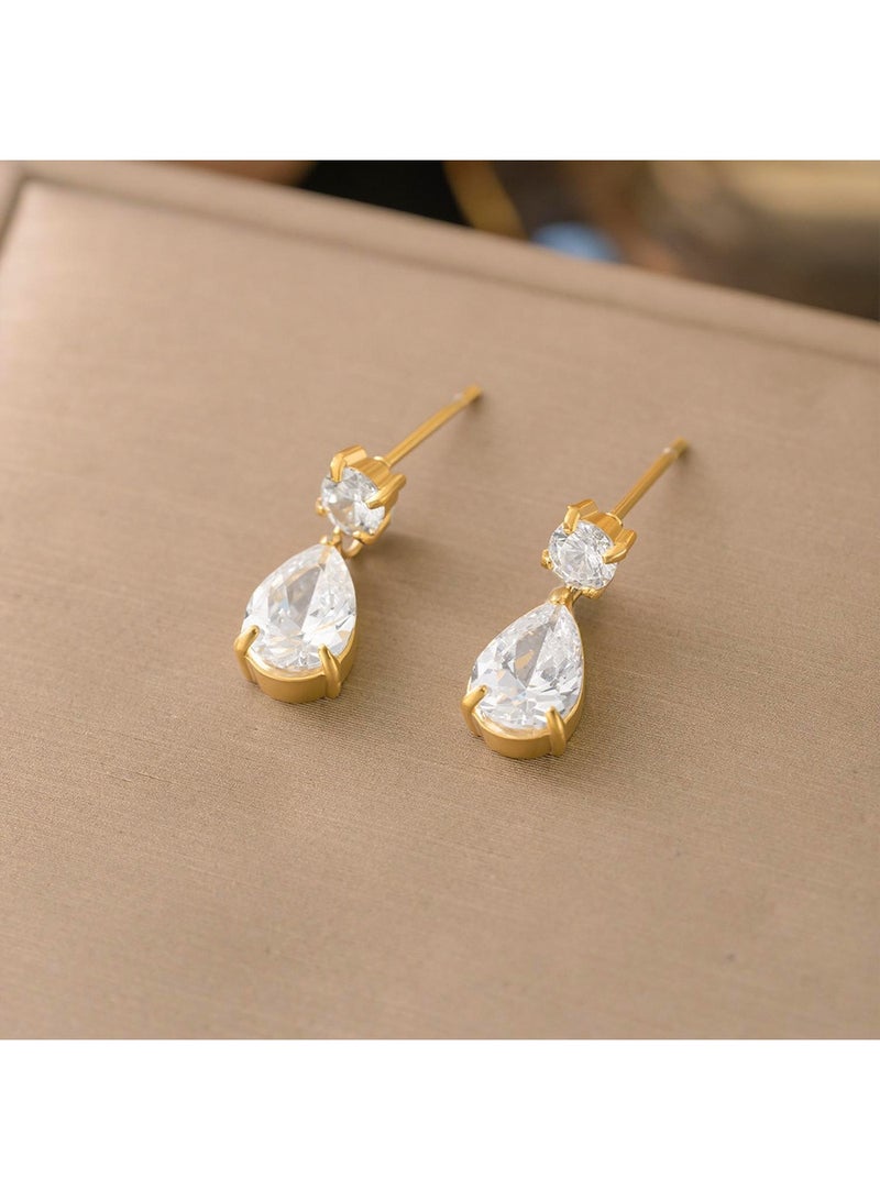 CLARA 18K Gold Plated Stainless Steel Drop Earrings for Women - Teardrop Crystal Dangle Earrings - Image 1