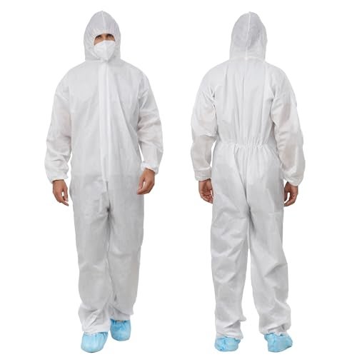 Greenour Hazmat Suits Pack of 12 Disposable Coveralls with Hood Breathable White SMS Painters Suit (Medium) - Image 1