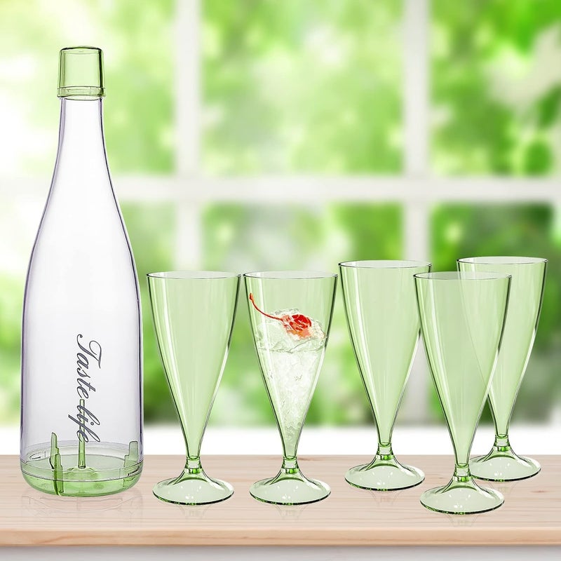 XIBO Plastic Wine Glass Set of 5 Portable Wine Glasses Camping Champagne Glasses Plastic Reusable Wine Glasses with Storage Bottle and Drip Tray Stackable and Removable Green - Image 4