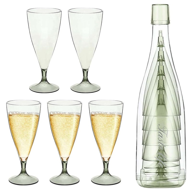 XIBO Plastic Wine Glass Set of 5 Portable Wine Glasses Camping Champagne Glasses Plastic Reusable Wine Glasses with Storage Bottle and Drip Tray Stackable and Removable Green - Image 1